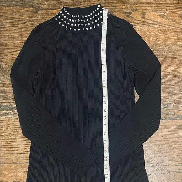 INC International Concepts Black Ribbed Sweater with Rhinestone Collar - Picture 6 of 11